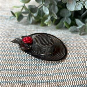 Vintage Black Hat Brooch with Red Rose Accent